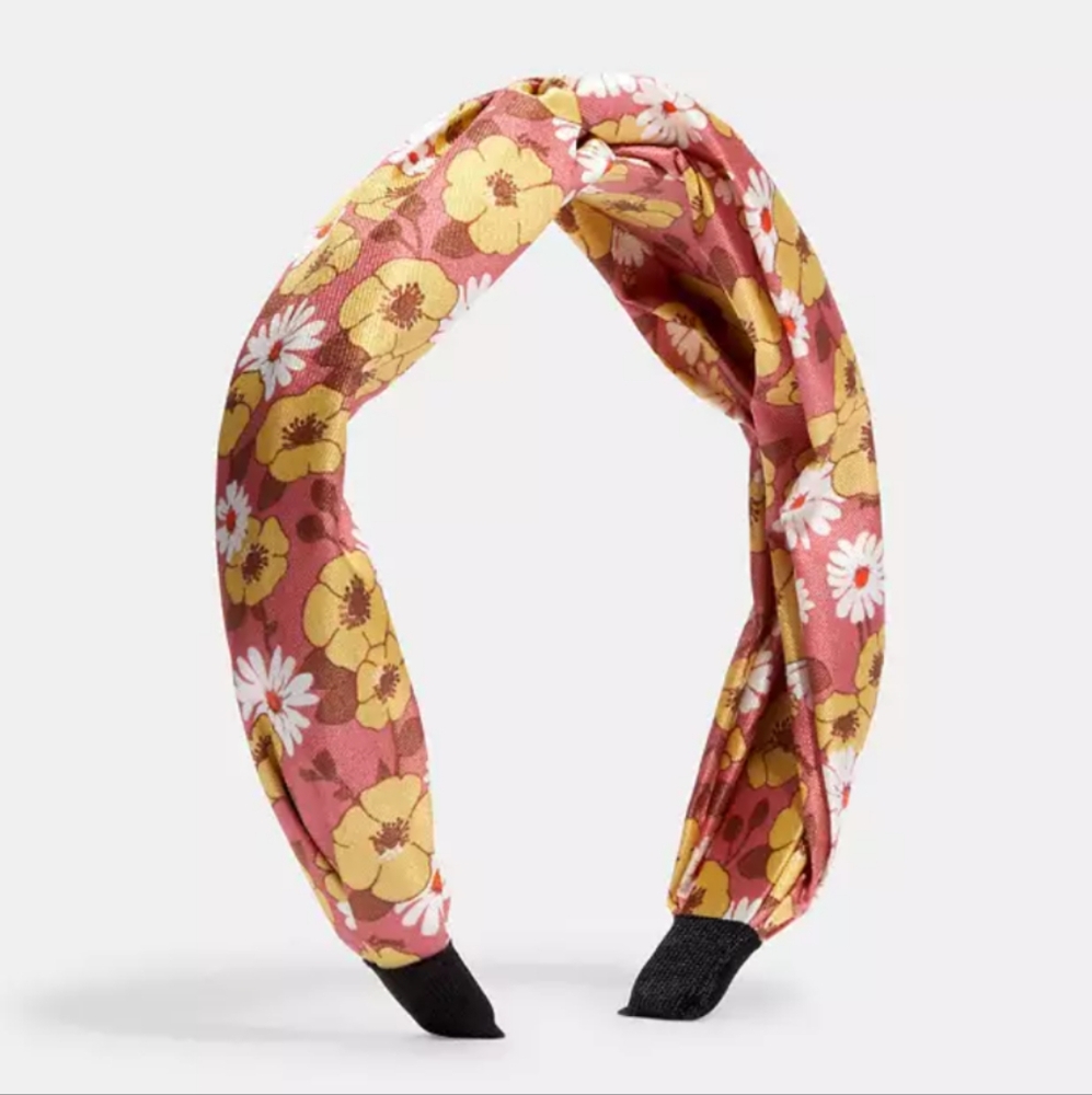 NWT Coach 100% Silk Headband Floral Script Print Pink Yellow - Picture 2 of 7